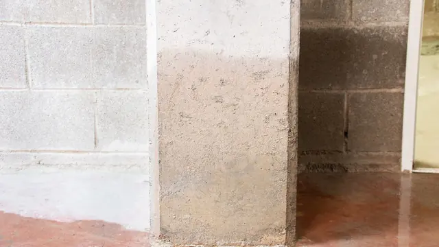 Concrete block wall in a lower level with staining at its base