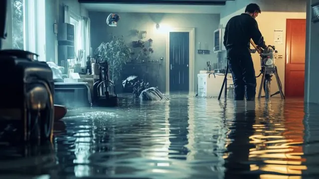 Person with a camera documenting a flooded room