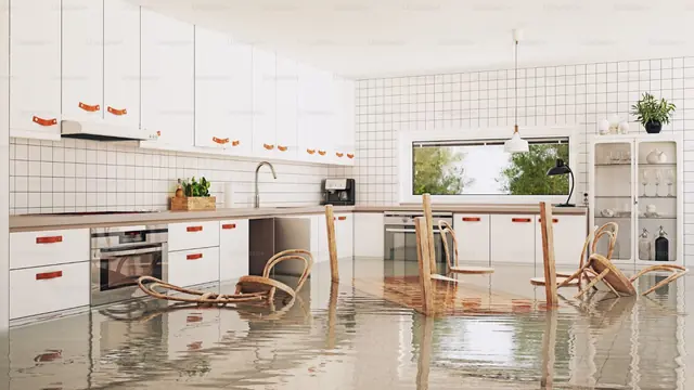 Kitchen with white cabinets and overturned chairs standing in shallow water