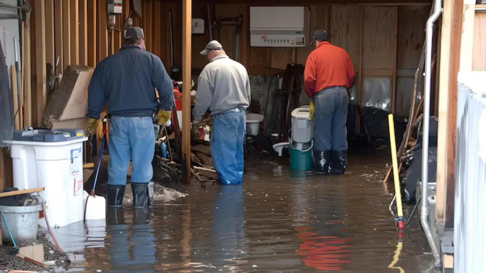 Crew members wading through standing water in a flooded lower-level room
