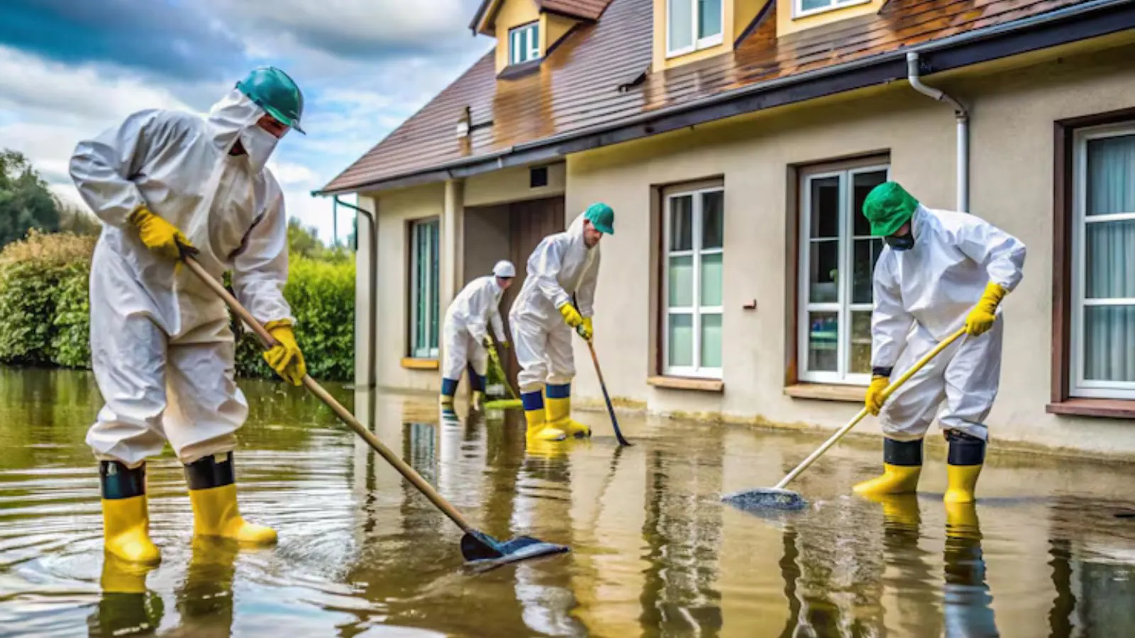 Workers in protective suits and boots clearing floodwater outside a house